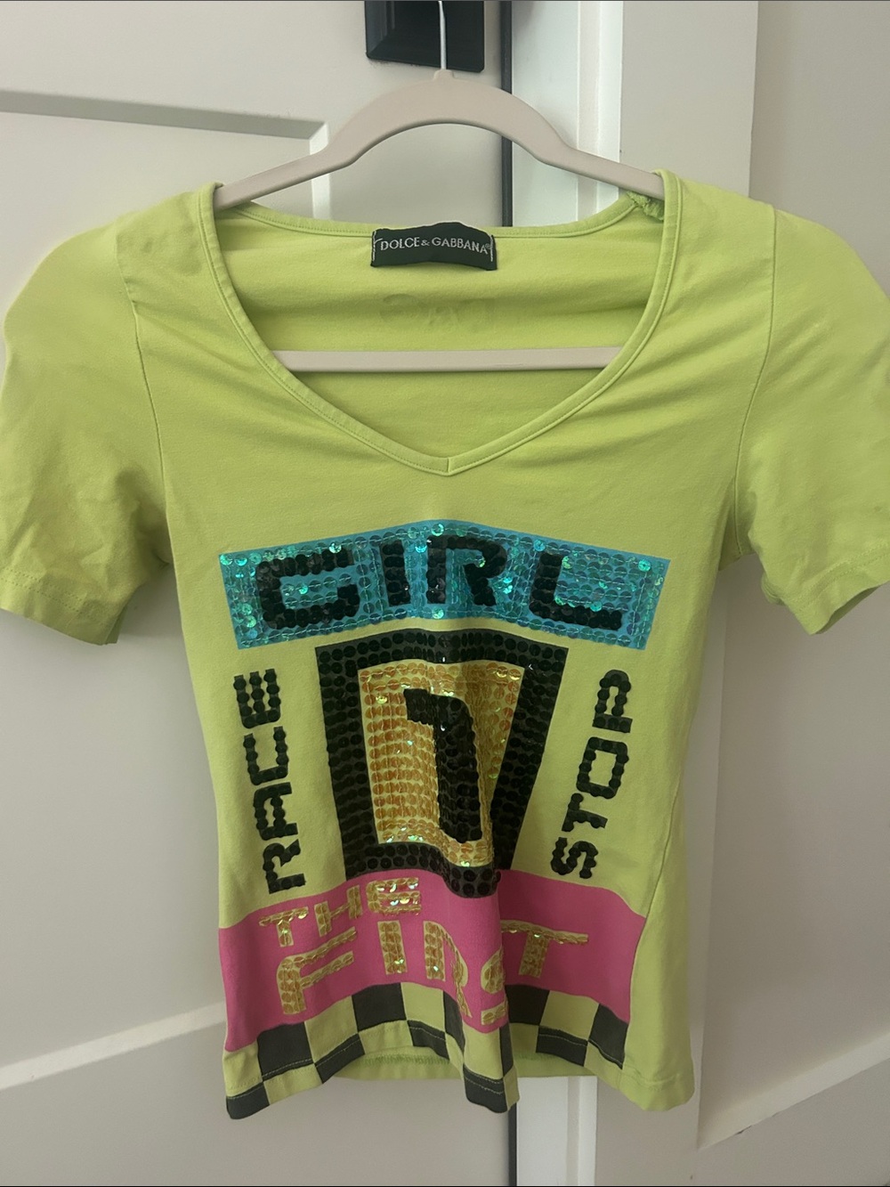 Dolce & Gabbana Lime Green Short Sleeve V-Neck Tee